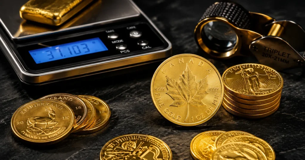 Fine physical gold bullion coins and minted bars representing direct ownership strategies inside a gold investment guide.
