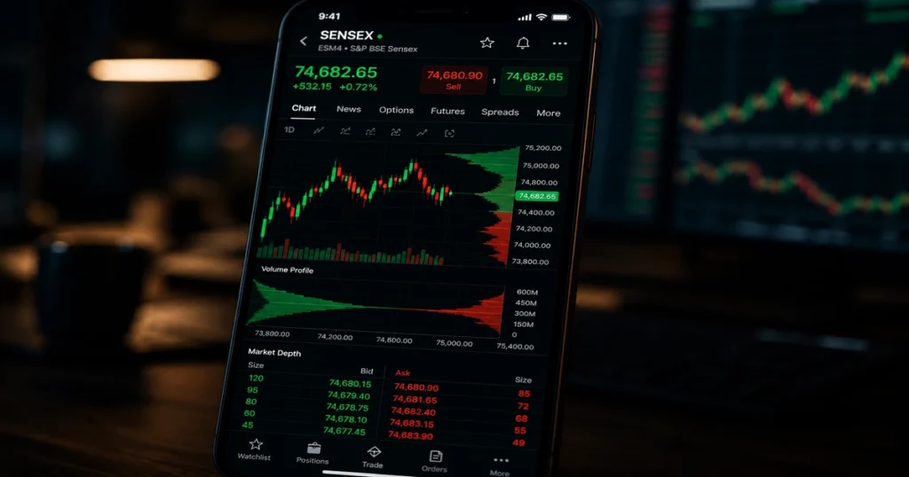 A modern retail trader tracking order flow metrics and the history of sensex on a mobile device.