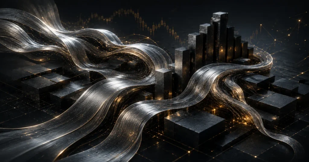 Digital rendering of global trading servers managing high-volume derivatives streams for paper silver commodity market trading