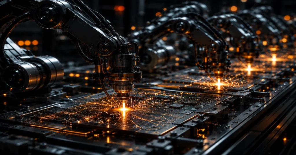 Sleek industrial manufacturing interface displaying automated robotic arms assembling highly reflective silver electronic circuit traces