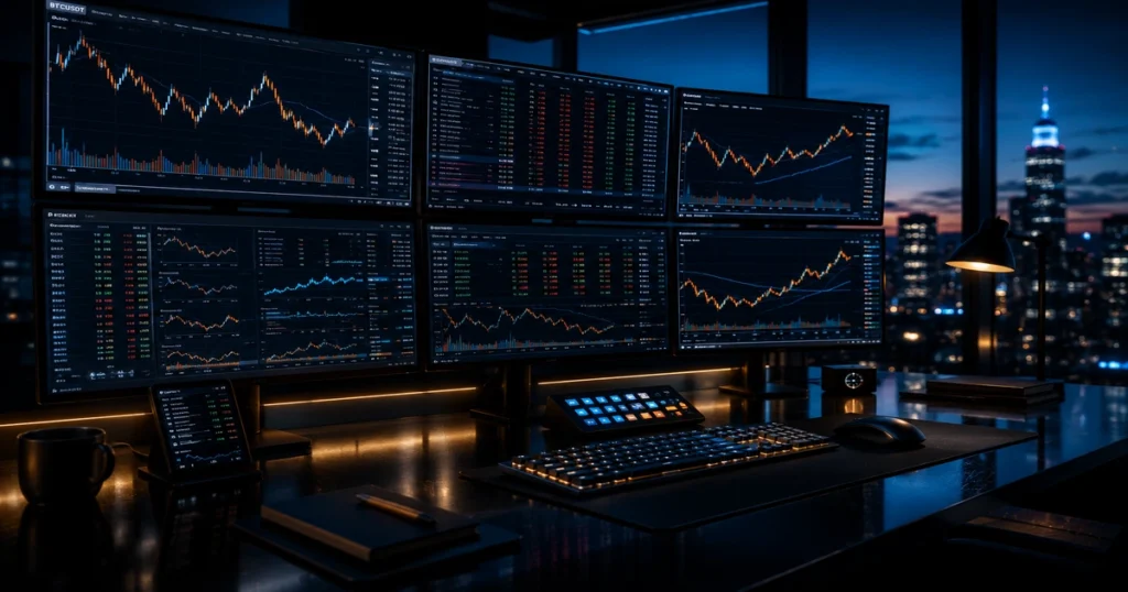Multi-monitor trading terminal interface displaying precise financial indicators and volume profile distribution graphs for silver