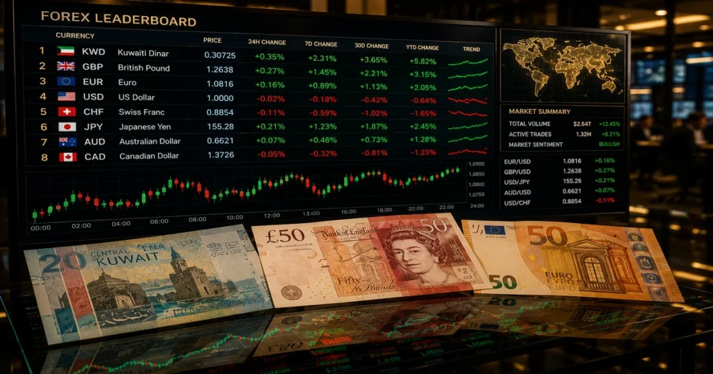 Top world currency tracking showcasing the swiss franc and british pound candlestick charts against the london financial district skyline