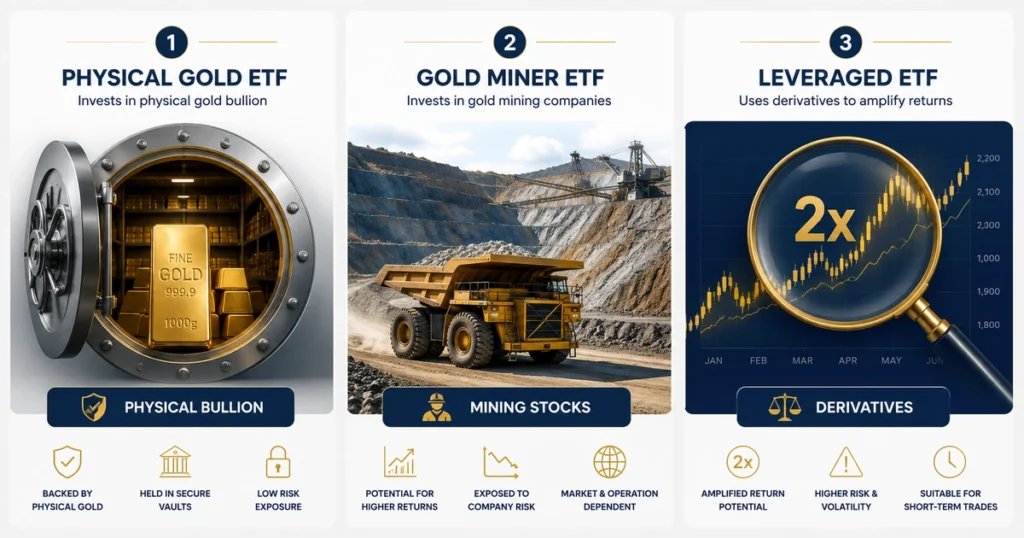 An infographic comparing physical gold etfs, gold mining equity etfs, and leveraged gold trading funds.