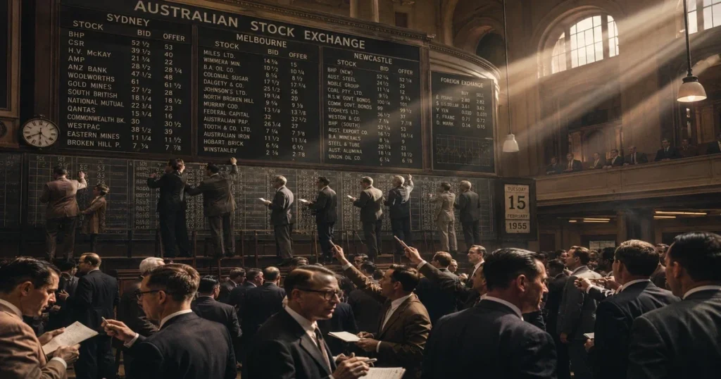 Historical black-and-white styled photo of vintage australian stockbrokers shouting orders in front of a giant blackboard updated by chalkies