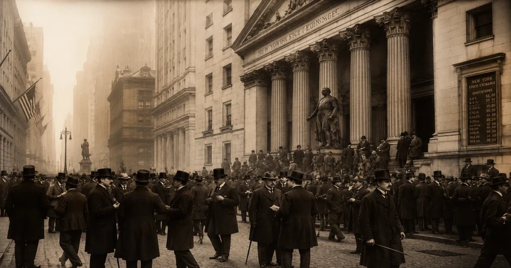 Vintage brokers walking down wall street in new york during the 1896 launch history of dow jones index.