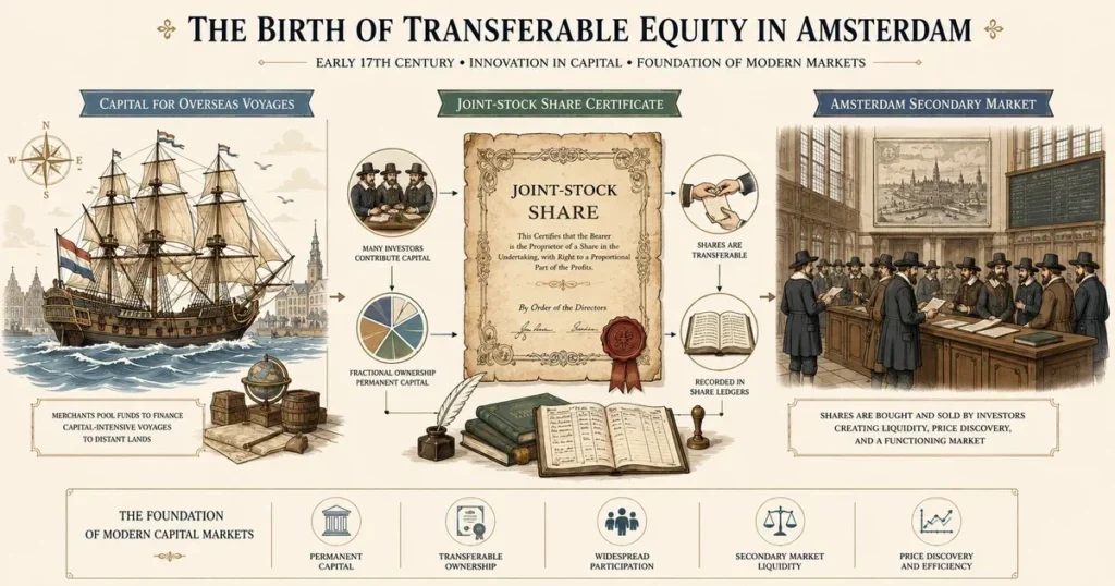 Clean flat vector diagram illustrating stock market history origins through the dutch east india company voc and transferable equity shares.