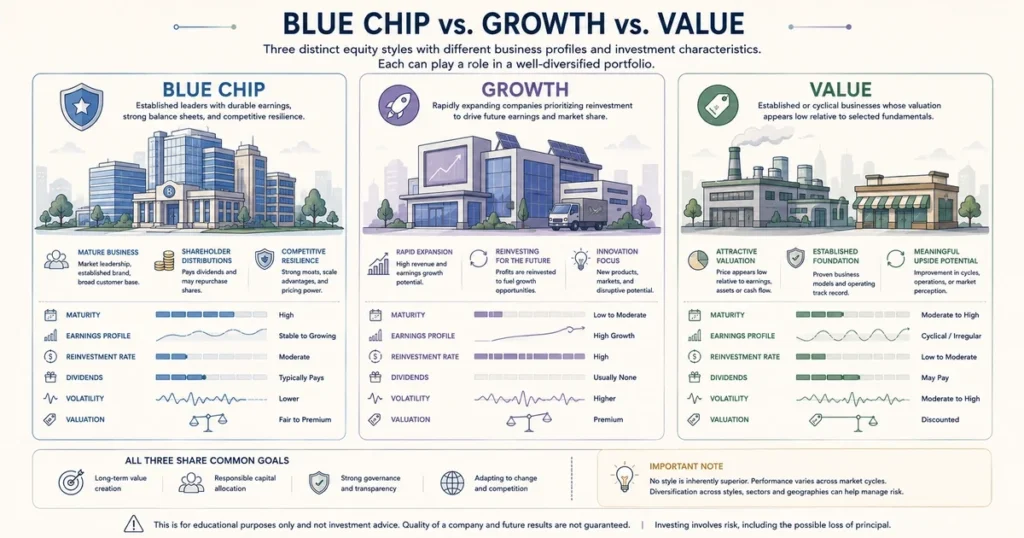 Comparison graphic distinguishing blue chip, growth, and value stocks by business maturity, reinvestment priorities, valuation characteristics, and shareholder distributions.
