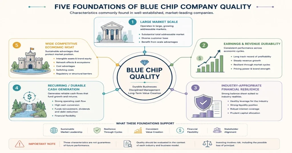 Diagram of blue chip company characteristics covering market scale, earnings durability, balance sheet resilience, cash generation, and competitive advantages.