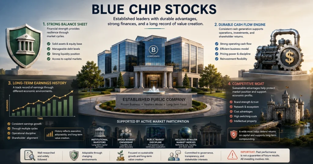 Illustration of blue chip stocks showing an established public company supported by financial resilience, durable competitive advantages, and long-term operating strength.