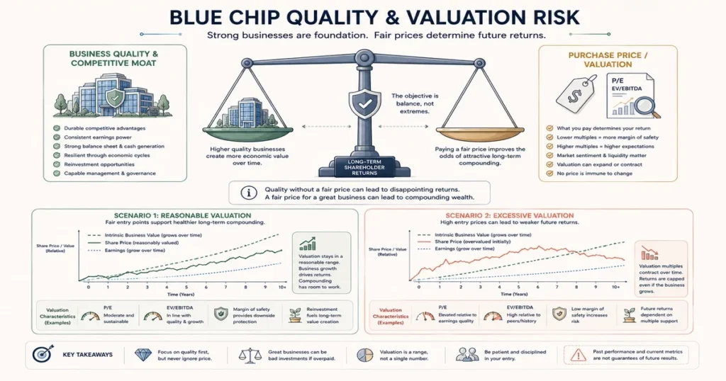 Visual comparison showing how strong business quality can still produce weak investment outcomes when a blue chip stock is purchased at an excessive valuation.