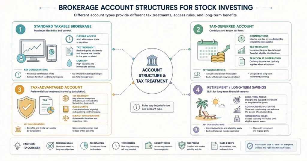 Vector infographic comparing taxable brokerage and tax-advantaged investment accounts according to tax treatment, liquidity, contribution rules, and jurisdiction.