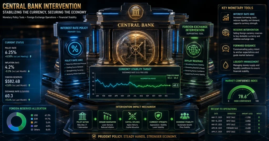Strategic matrix diagram showing central bank policy rate hikes, reserve interventions, and liquidity drainage mechanisms.