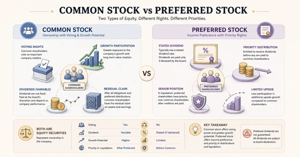 Flat vector comparison of common and preferred stock showing voting rights, variable dividends, stated dividends, and liquidation priority.