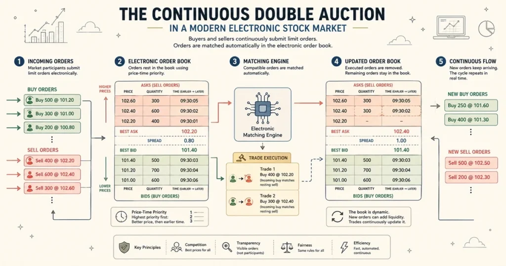 Flat vector diagram showing a continuous double-auction process in which buy and sell orders enter an electronic order book and compatible orders are matched for execution.
