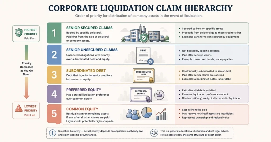 Simplified flat vector diagram illustrating corporate liquidation claim priority from senior secured creditors to preferred and common shareholders.