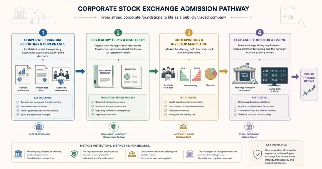 Vector flowchart showing the major stages involved in becoming publicly listed, from corporate financial reporting and regulatory disclosure through underwriting and exchange admission.