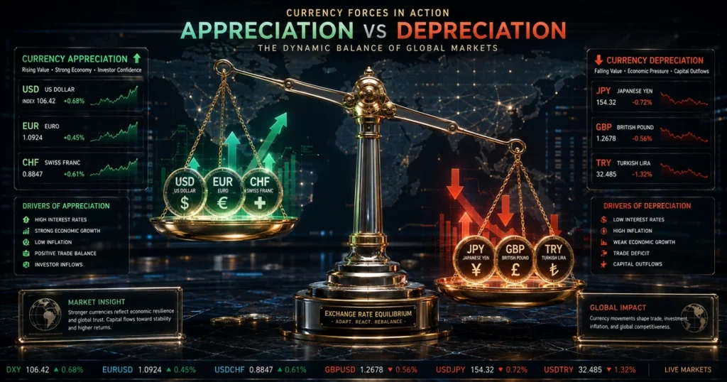 Cinematic 3d macro-financial balance scale illustrating currency appreciation and depreciation in global foreign exchange markets.