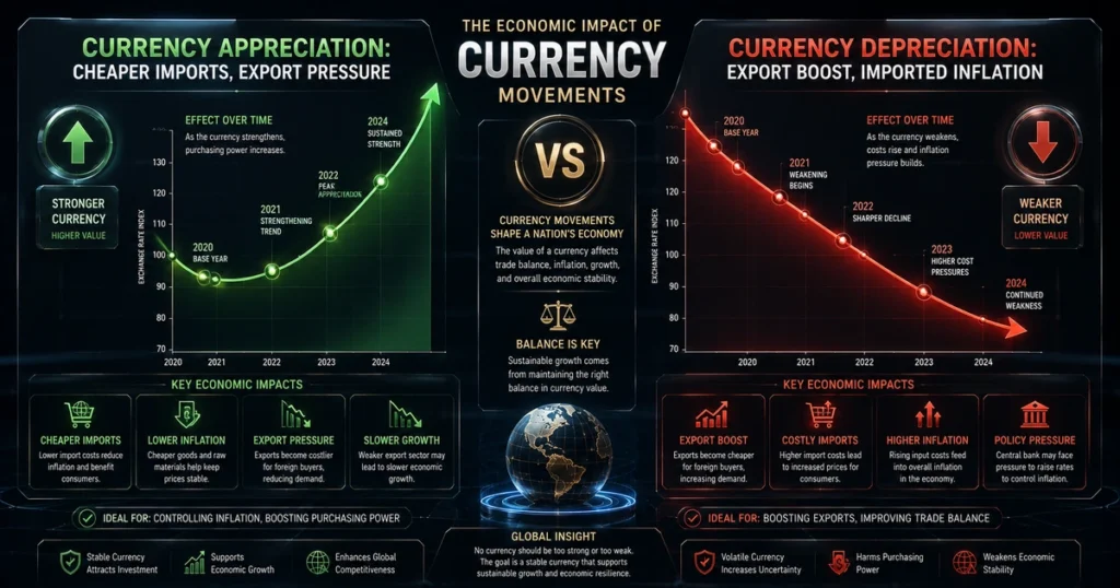 Detailed infographic comparing the macroeconomic effects of currency appreciation versus currency depreciation on exports, imports, and domestic inflation.