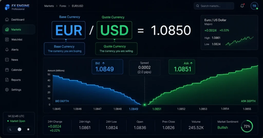 Diagram breaking down eur/usd into base currency, quote currency, bid-ask spread, and pip decimal place.