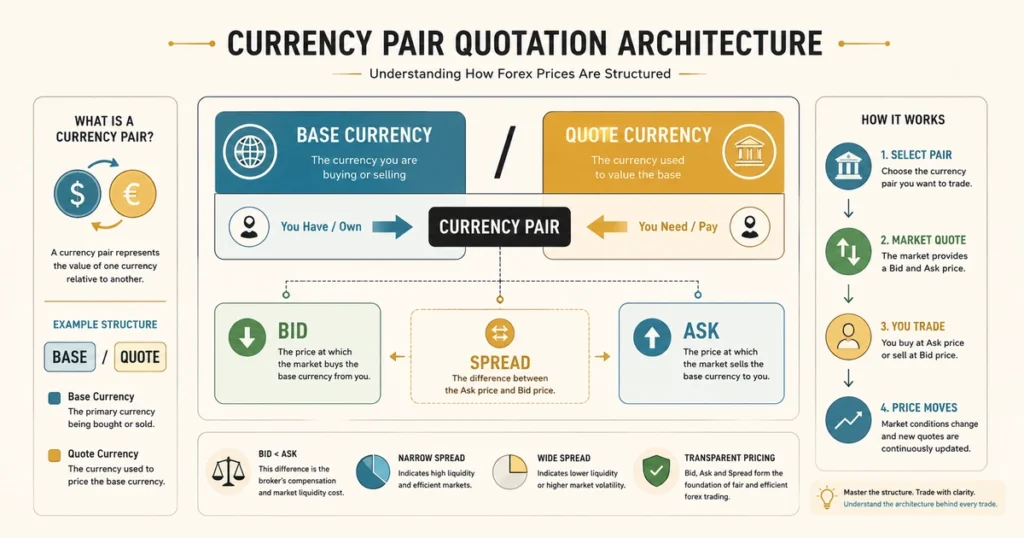Flat vector diagram explaining the mechanics of a currency pair showing base currency, quote currency, and the bid-ask spread with clean line art.