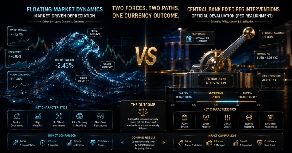 Diagram illustrating the structural differences between market-driven depreciation in floating regimes and official policy devaluation in fixed regimes.