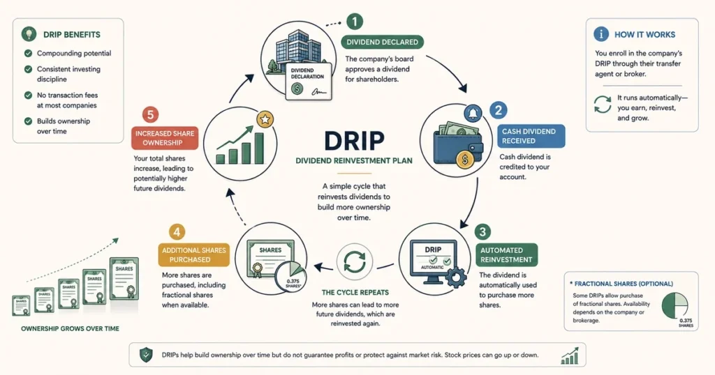 What are dividends? A complete guide to dividend investing, payouts, and yield Vector diagram showing how a dividend reinvestment plan can convert cash dividends into additional shares and increase future income potential.