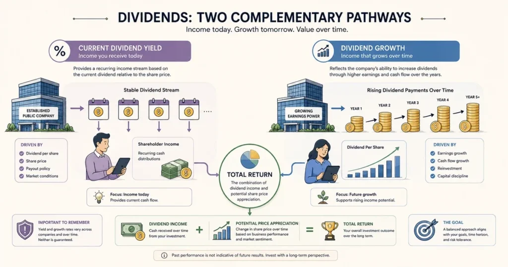 What are dividends? A complete guide to dividend investing, payouts, and yield Vector comparison illustrating current dividend yield and future dividend growth as two components of dividend-focused total returns.