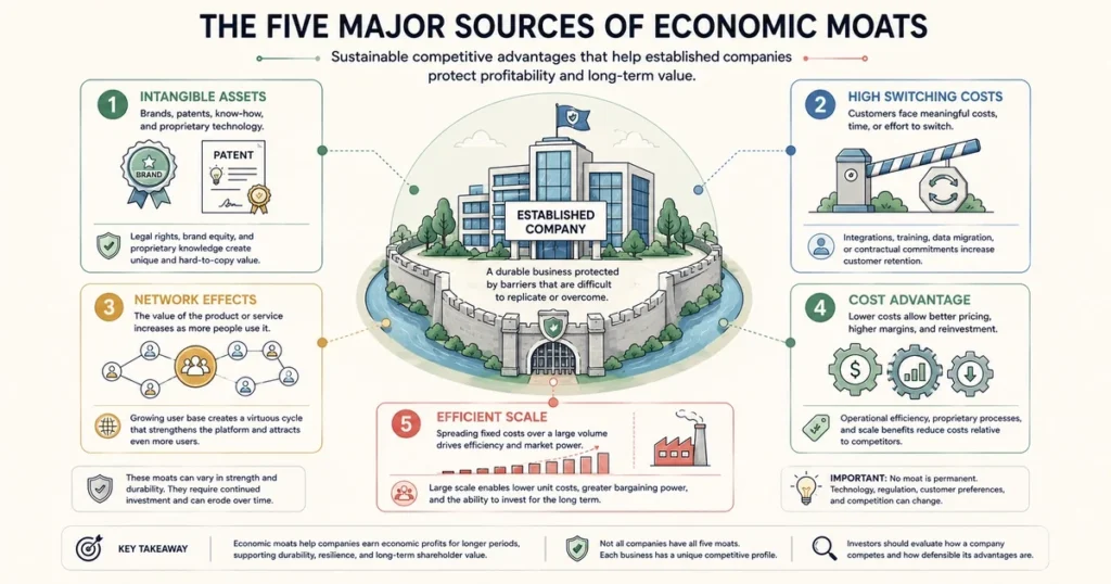 Educational diagram showing five sources of economic moat: intangible assets, switching costs, network effects, cost advantages, and efficient scale.