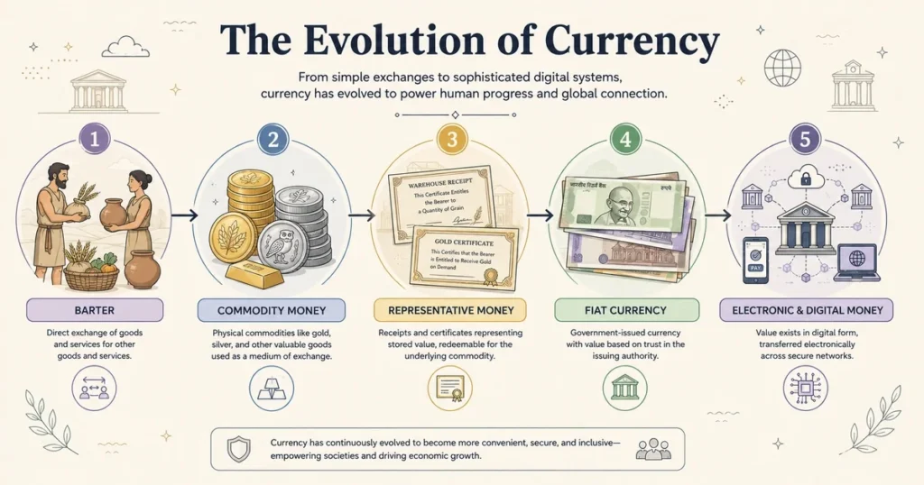 Flat vector timeline illustrating the historical evolution of currency from barter and commodity money to gold-backed notes, fiat currency, and digital money.