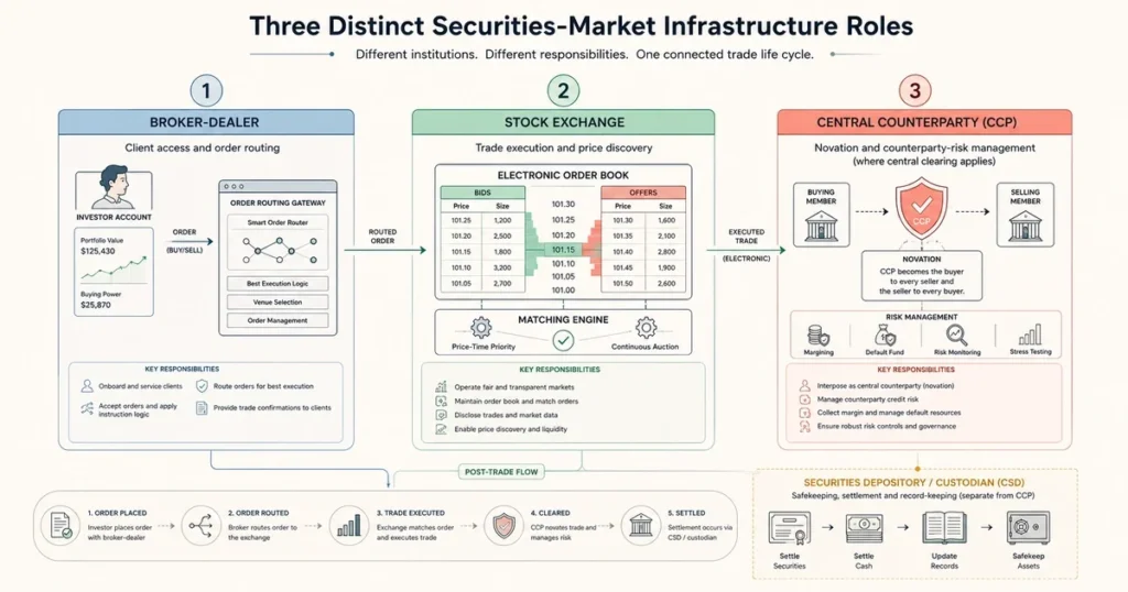 Flat vector infographic comparing broker-dealers, stock exchanges, and central counterparties by their distinct roles in order access, trade execution, and post-trade risk management.