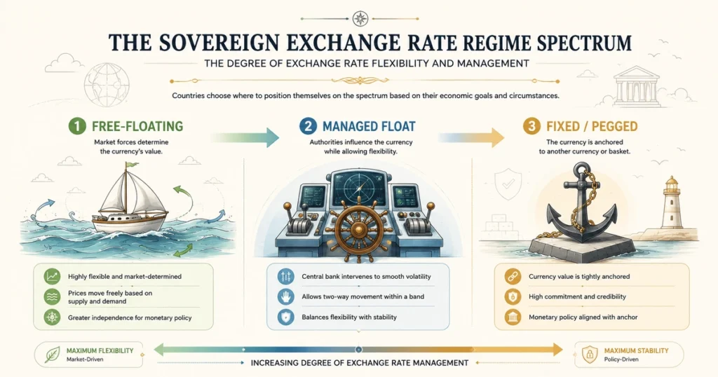 Flat vector diagram showing the spectrum of sovereign exchange rate regimes from floating currencies to managed floats and fixed pegs.