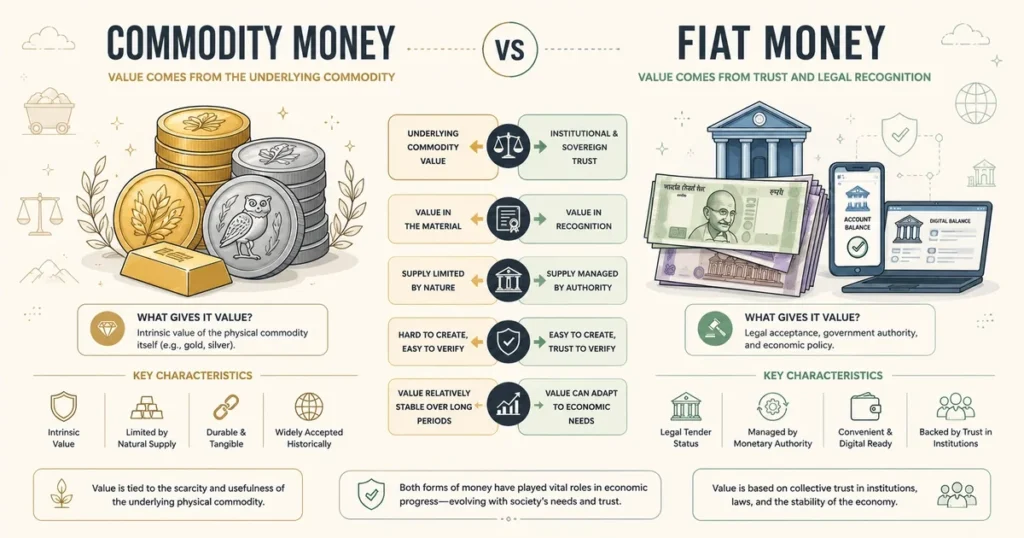 Clean vector comparison infographic contrasting intrinsic commodity money with sovereign fiat currency backed by government decree.