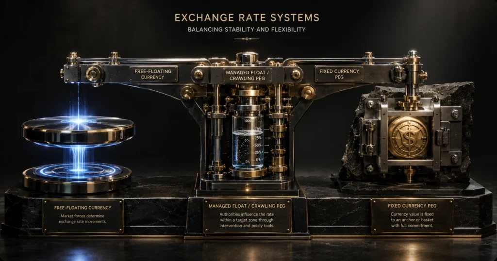 Comparison diagram contrasting free-floating currencies, managed floating regimes, crawling pegs, and fixed currency pegs.