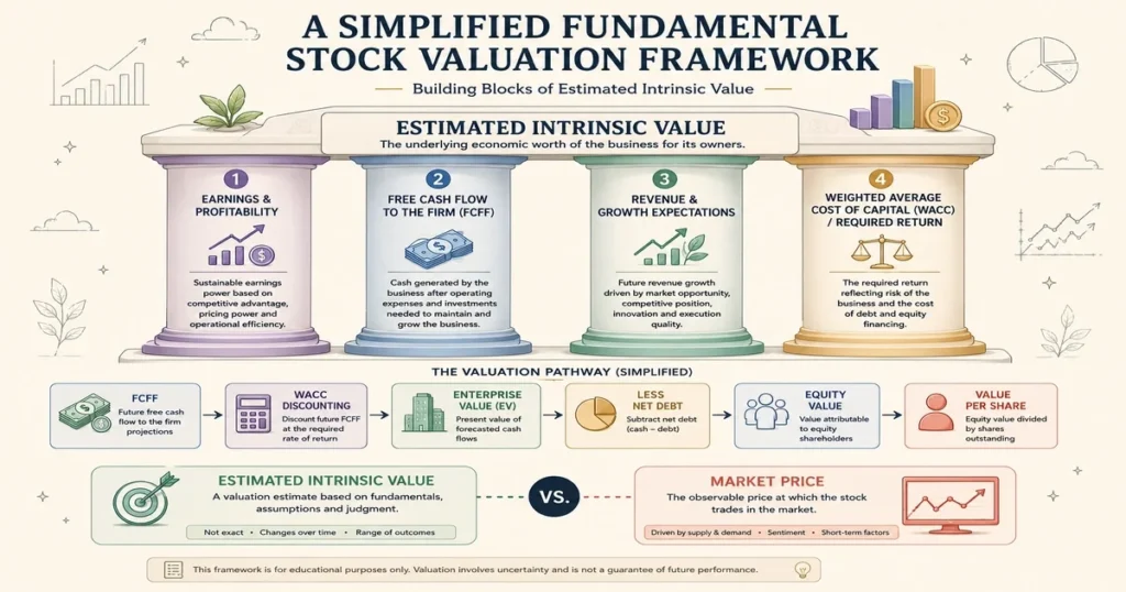 Flat vector infographic explaining stock valuation through free cash flow to the firm, wacc, growth expectations, enterprise value, and equity value per share.