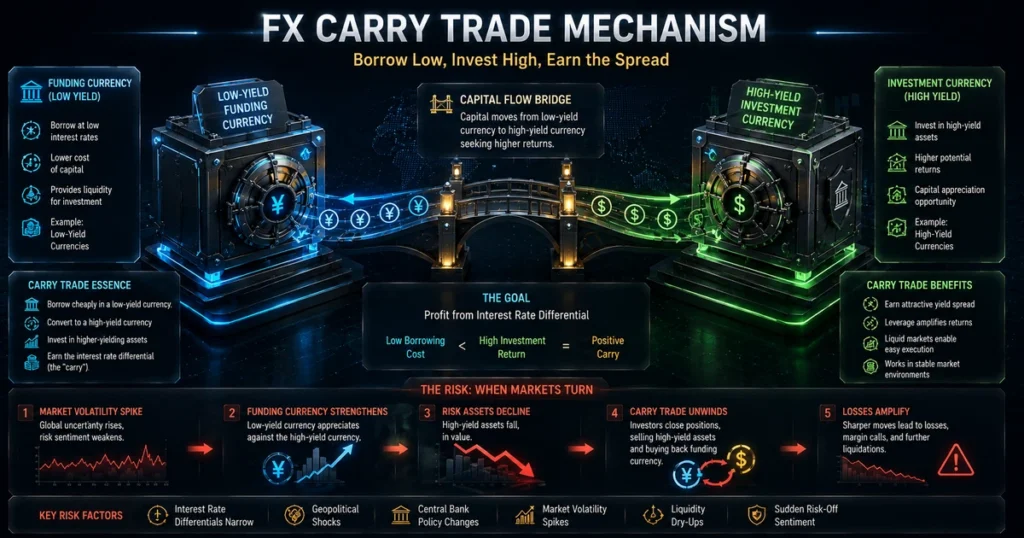 Isometric 3d infographic showing the mechanism of borrowing in low-yielding funding currencies to invest in high-yielding target currencies and the risks of a carry unwind.
