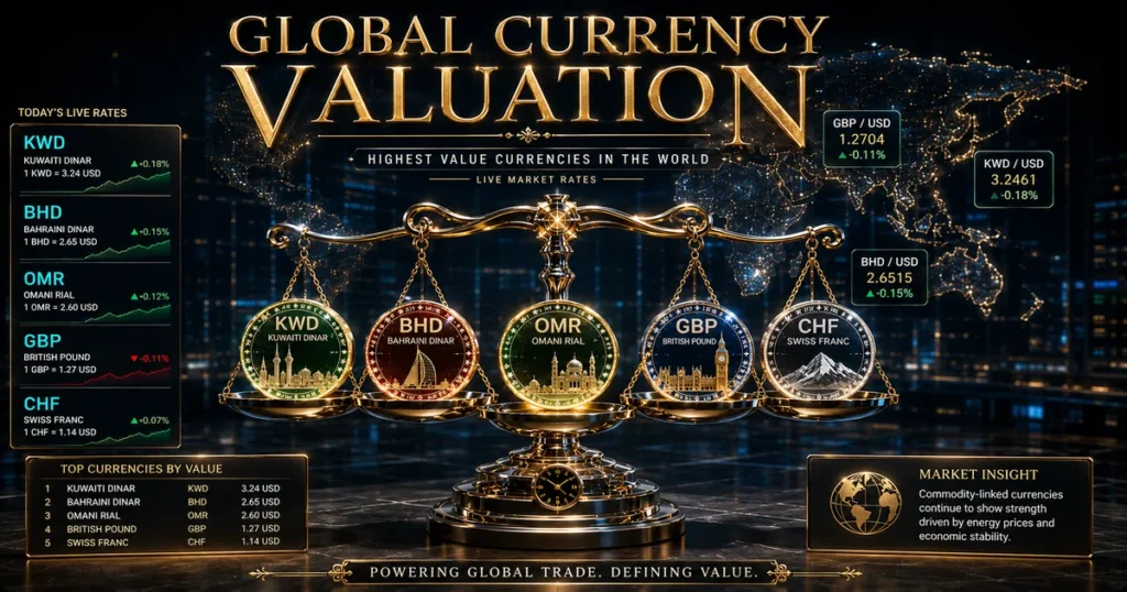 3d macro-financial concept showing global currency valuation symbols including kuwaiti dinar, british pound, and us dollar.