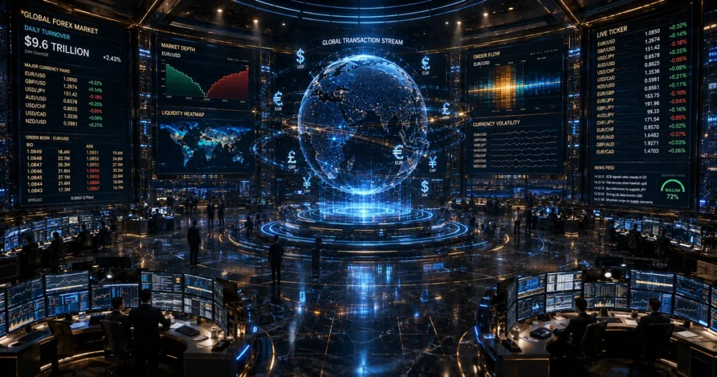 Global foreign exchange market network connecting major currency trading hubs london, new york, tokyo, and singapore.