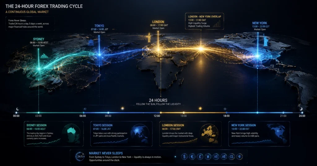 24-hour visual timetable of global forex trading sessions showing overlaps between sydney, tokyo, london, and new york.