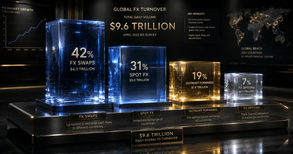 3d financial bar and donut chart breaking down daily global fx turnover across swaps, spot, forwards, and options based on bis survey data.