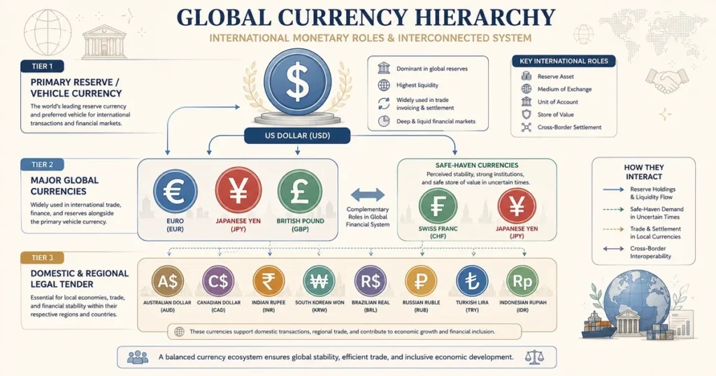 Flat vector pyramid diagram explaining what is currency and illustrating the global currency hierarchy from international reserve currencies to domestic legal tender.