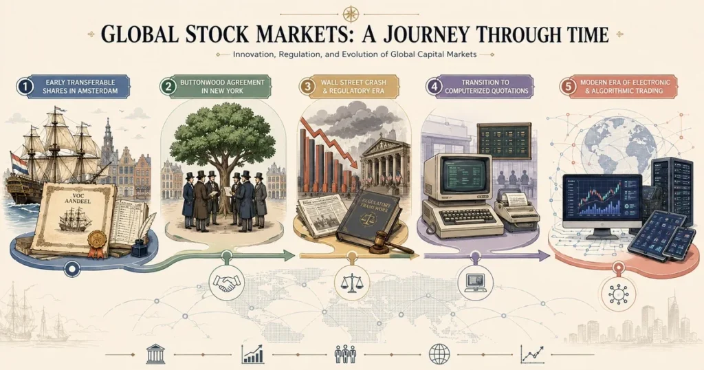 Vector timeline illustrating key milestones in stock market history from voc shares and the buttonwood agreement to electronic trading.