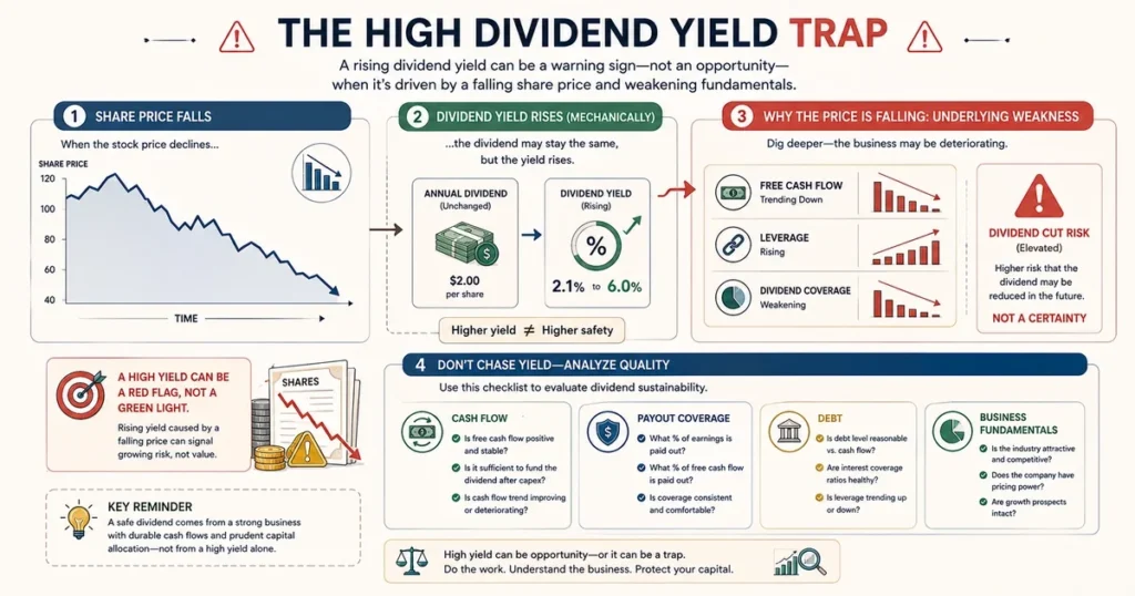 What are dividends? A complete guide to dividend investing, payouts, and yield Vector illustration showing how a declining share price can increase dividend yield while underlying financial stress raises dividend-cut risk.