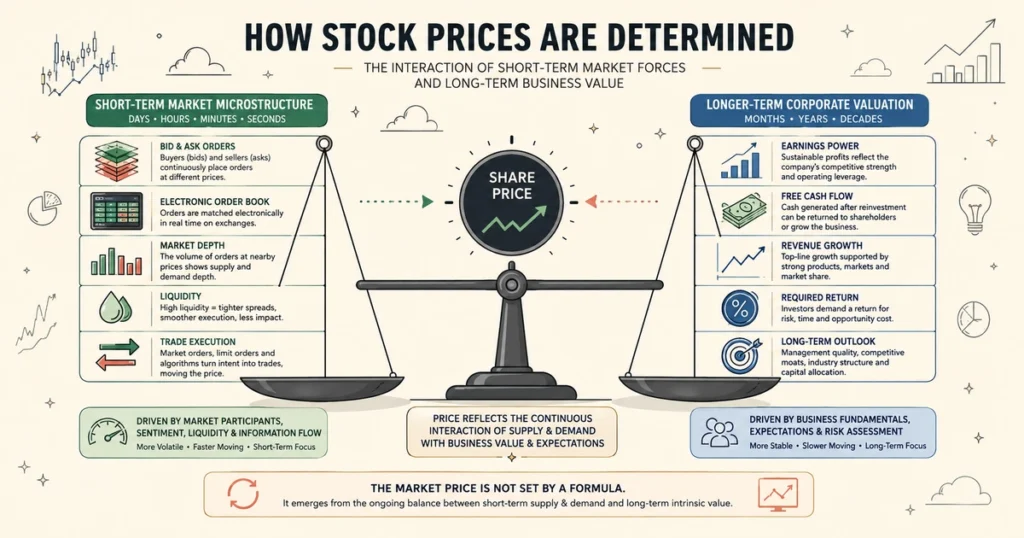 Flat vector infographic explaining how stock prices are determined through short-term order-book supply and demand and longer-term corporate valuation.