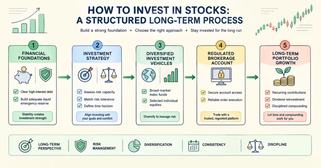 Clean flat vector infographic showing how to invest in stocks through financial foundations, investment strategy, diversified funds and equities, brokerage setup, and long-term portfolio compounding.