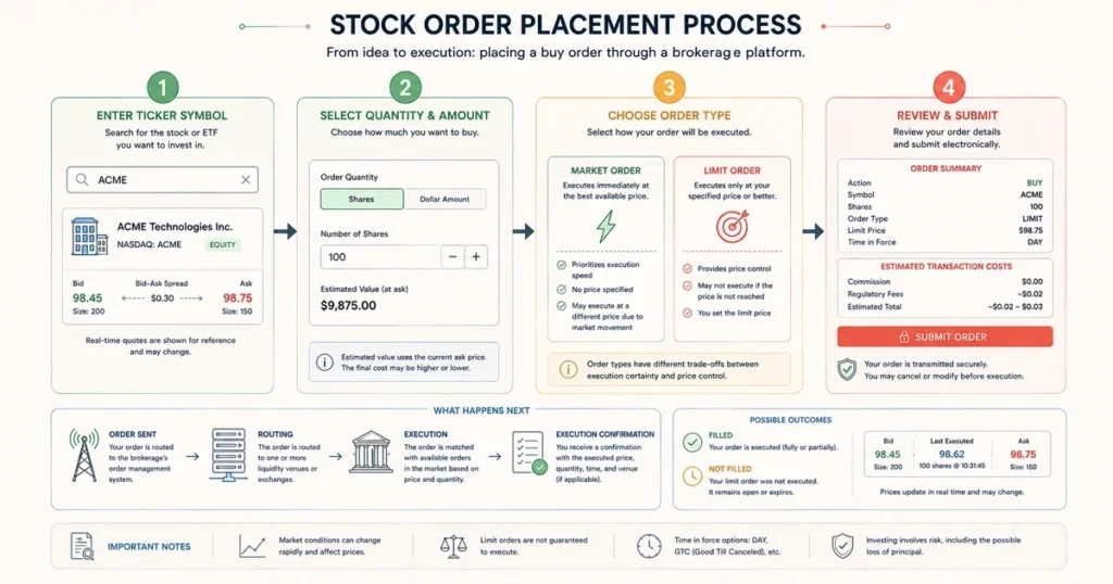 Flat vector flowchart showing how to place a stock order by selecting a ticker, choosing quantity, selecting a market or limit order, and reviewing execution details.