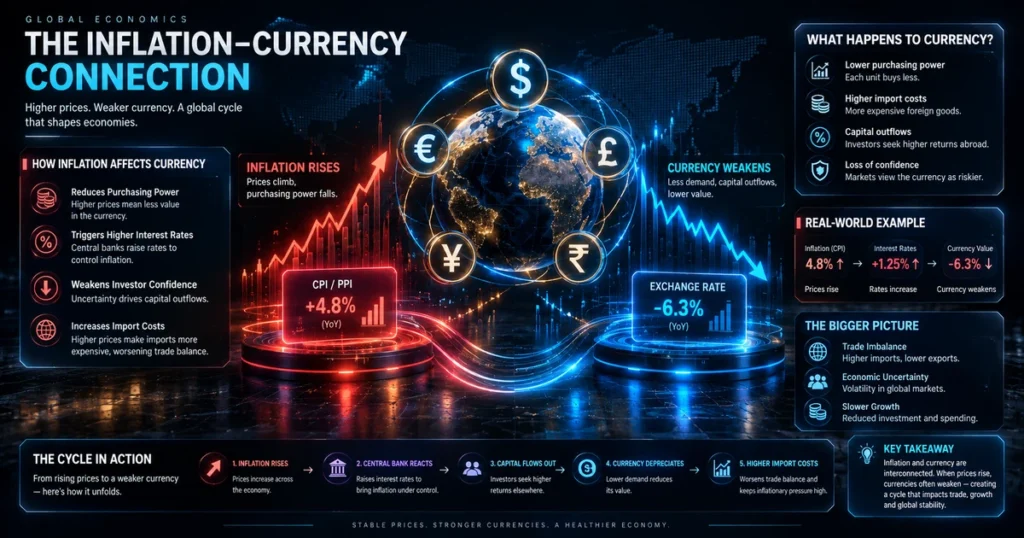Institutional 3d macro-financial balance scale displaying domestic inflation pressure interacting with foreign currency valuation metrics.