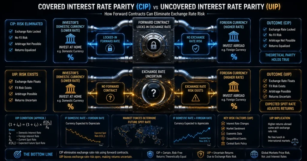 Conceptual 3d diagram explaining covered interest rate parity (cirp) using forward contracts versus uncovered interest rate parity (uip).