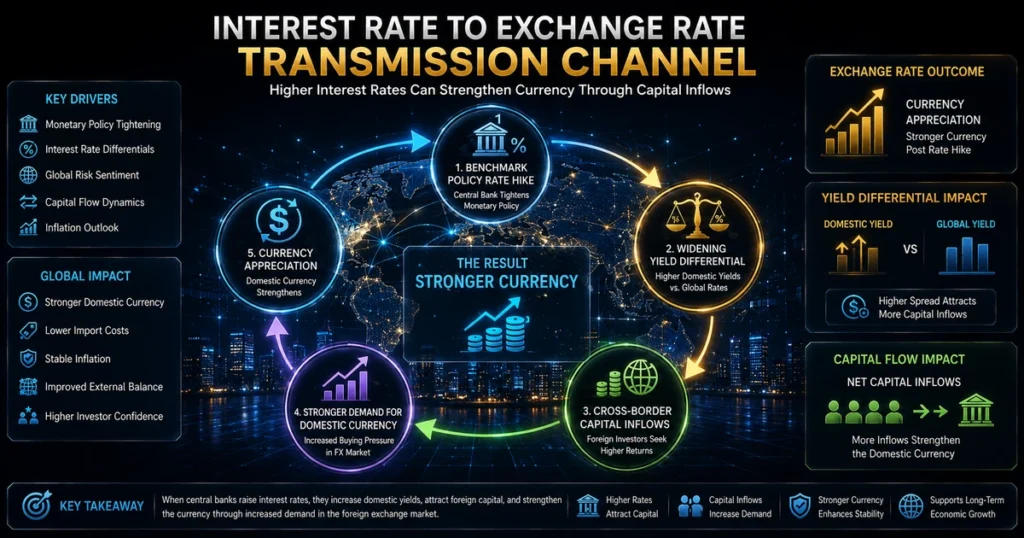 Detailed flowchart showing how interest rate differentials drive international capital flows and currency appreciation or depreciation.