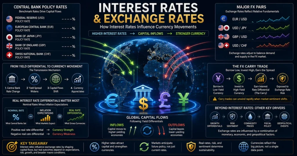 Cinematic 3d macro-financial balance scale illustrating the relationship between central bank interest rates and foreign exchange rate valuations.