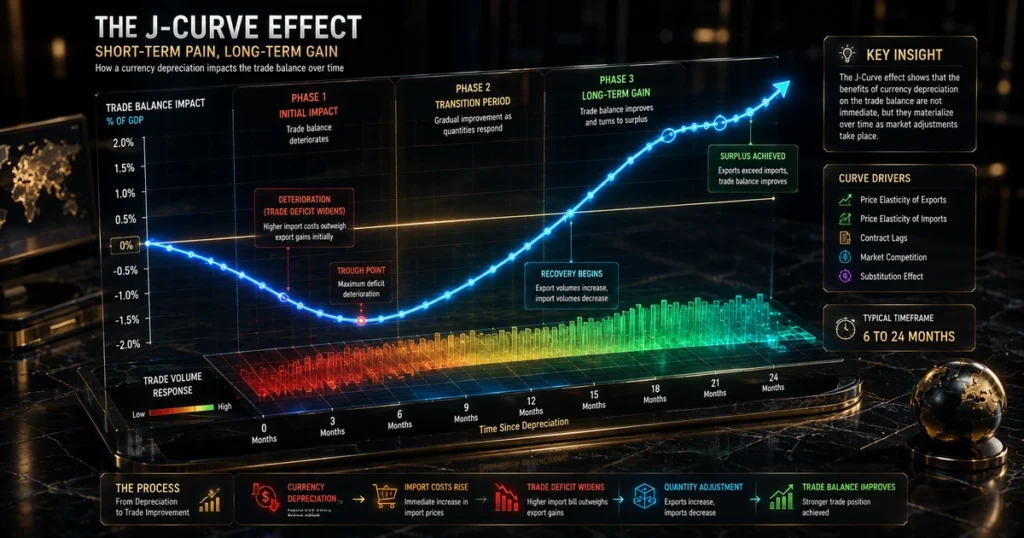 Economic line graph demonstrating the j-curve effect showing the initial deterioration and subsequent improvement of a trade balance following currency depreciation.